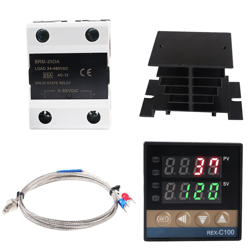 [Australia - AusPower] - Digital PID Temperature Controller REX-C100 PID Thermostat Temperature Controller Digital REX C100 with 25DA SSR Relay K Thermocouple Probe RKC and Black Heat Sink 25DA Black 