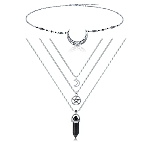 papasgix Layered Hexagonal Gemstone Healing Crystal Stone Pendant Necklaces, Pointed Quartz Amethyst Stone Pendant Necklaces with Layered Moon Star Silver Necklace(2)