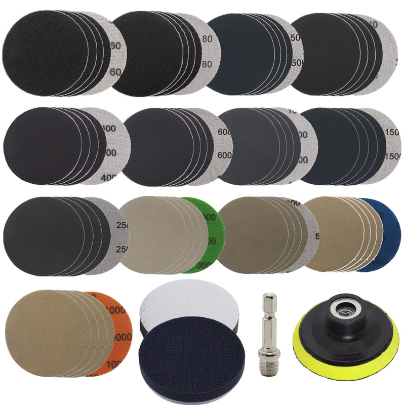 [Australia - AusPower] - 65pcs Sandpaper 3Inch Sanding Disc 60-10000 Grit Wet Dry Sandpaper with M10 Backing Pad,2pcs Interface Pad for Wood Metal Mirror Jewelry Car Polishing Headlight Cleaner Set 74pcs-3inch 