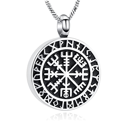 Yinplsmemory Cremation Jewelry Viking Runic Compass Urn Necklace for Ashes for Men Ashes Keepsake Memorial Jewelry for Human/Pet Ashes Silver
