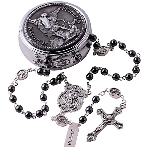 HanlinCC Catholic Rosary Saint Michael Hematite Bead Necklace with Gift Box