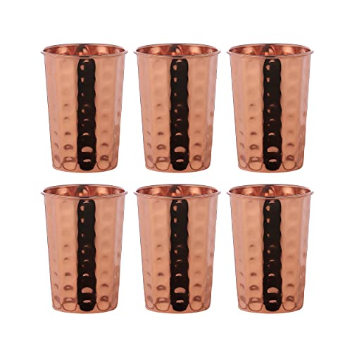 HealthGoodsIn Pure Copper Cups Set of 6 - Pure Copper Drinking Cups & Hammered Copper Tumbler for water 11.8 oz (350 mL), Ayurvedic Copper Cups for Daily Use