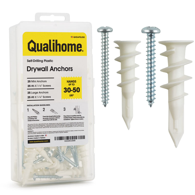 [Australia - AusPower] - Qalihome Plastic Self Drilling Drywall Anchors and Screws Kit | Includes 25 Small Drywall Anchors, 25#6 1-1/4 Inch Screws, 25 Large Anchors, 25#8 X 1-¼ Screws & Reusable Case 