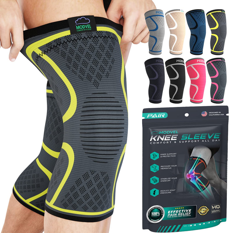 [Australia - AusPower] - MODVEL Knee Braces for Knee Pain Women & Men - 2 Pack Knee Brace for Knee Pain Set, Knee Brace Compression Sleeve, Knee Braces for Knee Pain Meniscus Tear, ACL & Arthritis Pain Relief - Knee Sleeves XXX-Large Yellow 