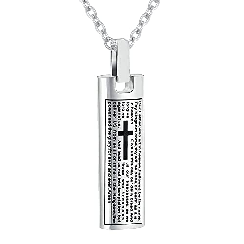 Our Father Lord's Prayer and Cross Urn Pendant Necklace Cremation Urn Necklace Cremation Jewelry Stainless Steel Rectangle Cremation Pendant Memorial Ashes Keepsake Urn Necklace Silver