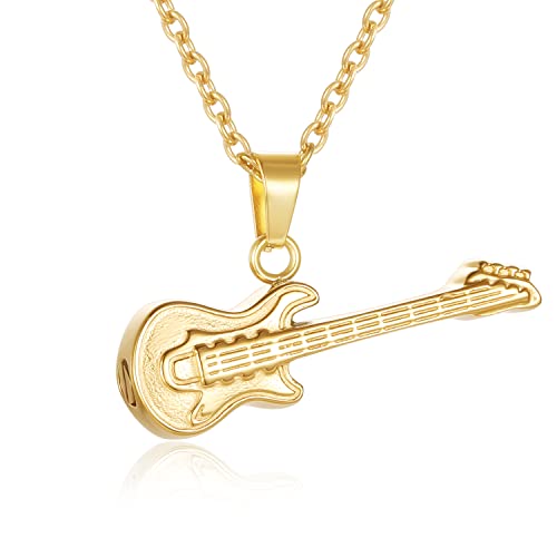 Guitar Cremation Jewelry for Ashes, Stainless Steel Guitar Shaped Urn Necklace for Men Women, Music Memorial Keepsake Pendant with Screw-Thread Chamber for Loved One Gold