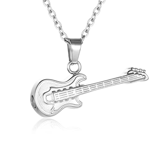 Guitar Cremation Jewelry for Ashes, Stainless Steel Guitar Shaped Urn Necklace for Men Women, Music Memorial Keepsake Pendant with Screw-Thread Chamber for Loved One Silver