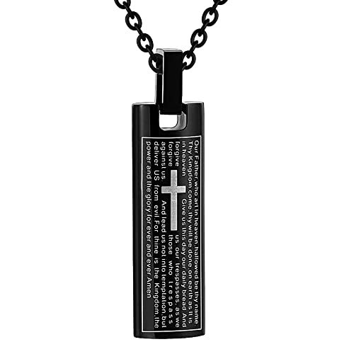 Our Father Lord's Prayer and Cross Urn Pendant Necklace Cremation Urn Necklace Cremation Jewelry Stainless Steel Rectangle Cremation Pendant Memorial Ashes Keepsake Urn Necklace Black