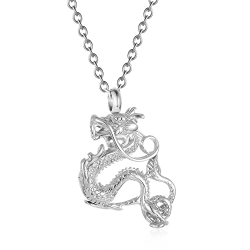 Chinese Dragon Cremation Necklace for Ashes — Dragon Urn Pendant Memorial Keepsake Jewelry for Men Women, Sympathy Remembrance Ash Holder with Screw-Top Seal Silver