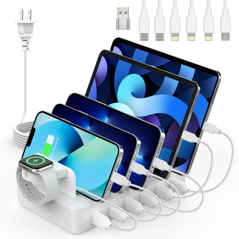 [Australia - AusPower] - CREATIVE DESIGN Charging Station for Multiple Devices,50W 6 Ports Charging Dock with 6 Cables Compatible with Cellphone,Tablet, Kindle, Apple Watch and Other Electronic White 