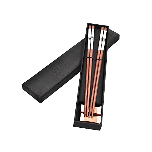 Chopsticks Rose Wood 2 Pairs with Silk Black Box, Chopstick Mother of Pearl Inlay Décor Handmade Restaurant Food Tableware Home Gift Natural Length 9.5 Inch