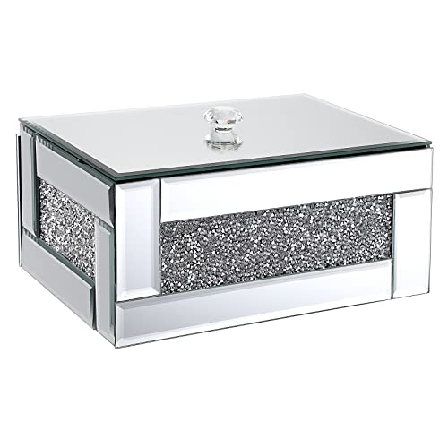 Hipiwe Glass Mirrored Jewelry Box with Crushed Diamond Decor, Trinket Organizer Box Luxury Rings Earrings Necklace Storage Keepsake Box Treasure Chest Case, Silver Large Size