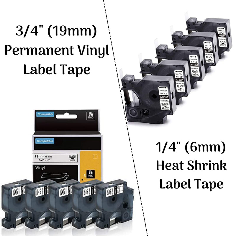 5Pack 3/4'' Permanent Vinyl Label Tape + 5Pack 1/4'' Heat Shrink Tube Labels Compatible with Dymo Rhino Industrial Label Makers 4200 5200 6000