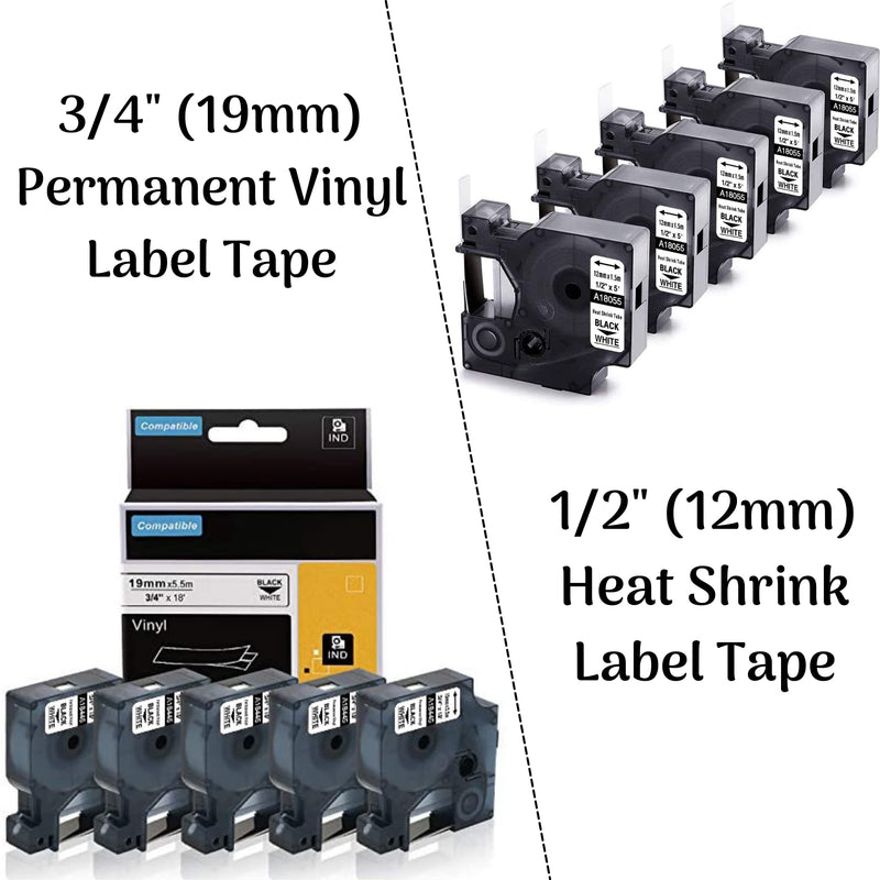 5Pack 3/4'' Permanent Vinyl Label Tape+ 5Pack 1/2'' Heat Shrink Tubing Compatible Dymo Rhino Industrial Label Tape Work with Rhino 4200 5200 600 Label Maker