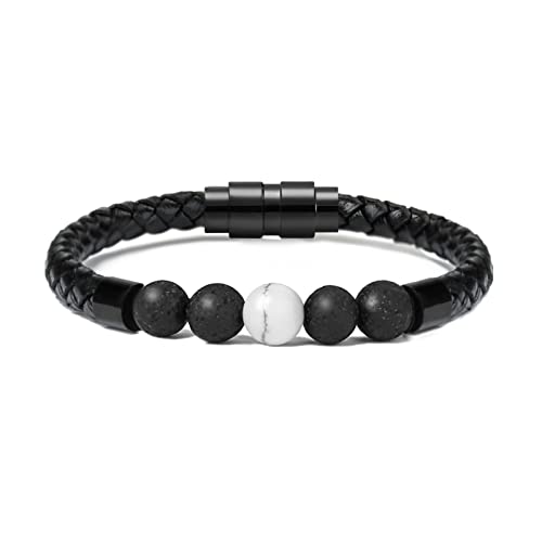 Lava Stone Urn Bracelet for Ashes Cremation Jewelry for Women Men Genuine Leather Memorial Rope Cuff Bangle Braided Bracelets Keepsake Jewelry for Loved Ones with Fill Tool 22cm 4 Lava Stone+1 White Howlite