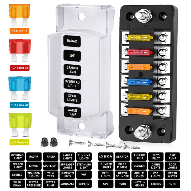 [Australia - AusPower] - Nilight 6 Way Fuse Block with Negative Bus 12V Blade Fuse Holder ATC/ATO Standard Fuse Box Label Stickers Waterproof Cover Fuse Panel for Automotive Cars Trucks RVs Campers Vans, 2 Years Warranty 
