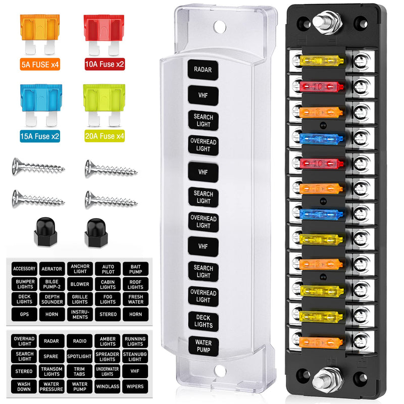 Nilight 12 Way Fuse Block with Negative Bus 12V Blade Holder ATC/ATO Standard Box Label Stickers Waterproof Cover Panel for Automotive Cars Trucks RVs Campers Vans
