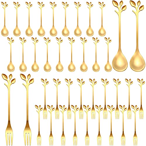 Set of 40 gold stainless steel leaf-shaped dessert spoons and appetizer forks by Honeydak, perfect for elegant dining and serving.