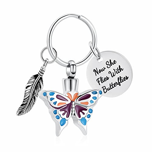 Yinplsmemory Cremation Jewelry Butterfly Urn Keychain for Ashes for Women-Now She Flies with Butterfly Urn Keyring Silver B