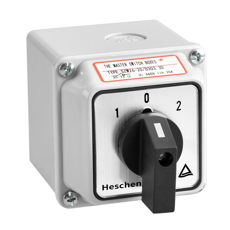 Heschen Universal Rotary Cam Selector Changer Switch, SZW26-20/D303.3D, 660V 20A, 3 Position, 3 Phase 12 Terminals, CE, with Master Switch Outer Box LW28-20/4 (Standard Box) Standard Box