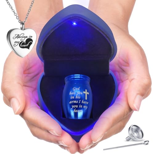 Small Keepsake Urns Comes with Heart Box w/Light (Battery Replaceable)- Best Memorial Gifts for Loss of Loved One - Mini Cremation Urn w/Urn Necklace - Miniature Ashes Holder Tiny Sharing Token Urn Blue