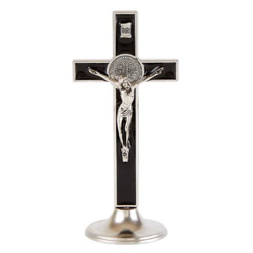 Needzo Black Enamel St Benedict Standing Crucifix, Catholic Cross, Inspirational Religious Gifts for Women and Men, Christian Decor, 4 1/2 Inch