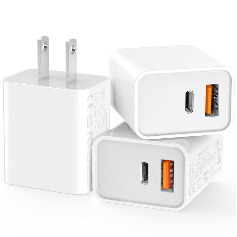 [Australia - AusPower] - [3 Pack] USB-C Wall Charger, 20W Durable Dual Port QC+PD 3.0 Power Adapter, Double Fast Plug Charging Block for iPhone 14/14 Pro/13/15/15 Pro/Pro Max/Plus, XS/XR/X, Watch Series 8/7 Cube(White) White 