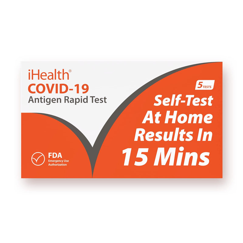 [Australia - AusPower] - iHealth COVID-19 Antigen Rapid Test, 1 Pack, 5 Tests Total, FDA EUA Authorized OTC at-Home Self Test, Results in 15 Minutes with Non-invasive Nasal Swab, Easy to Use & No Discomfort 