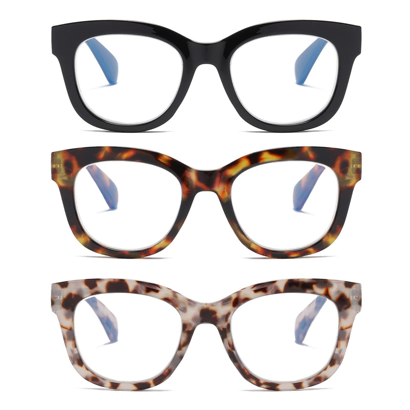 [Australia - AusPower] - Oversized Reading Glasses for Women,3 Pack Blue Light Blocking Computer Spring hinge Readers Black&leopard&grey Leopard 1.5 x 