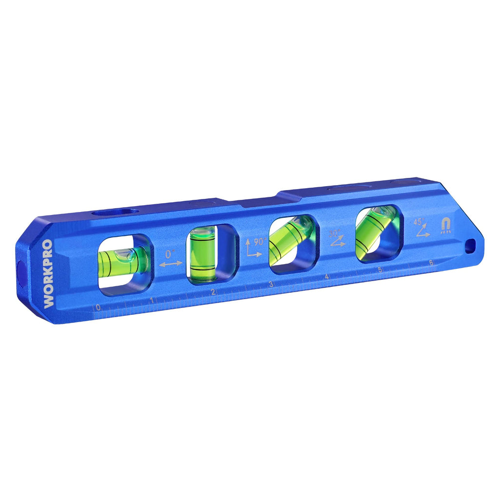 WORKPRO 8-Inch Magnetic Torpedo Level, Aluminum Alloy Construction, 4 Bubble Vials for 0°/90°/45°/30° Measurements, Cobalt Blue