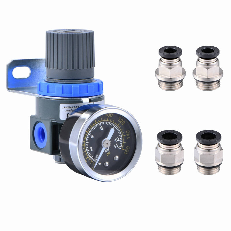 [Australia - AusPower] - 1/4 Inch NPT Thread Air Pressure Regulator with Gauge Mini Air Control Valve for Air Compressor or Air Tools (0-145PSI) Blue 1/4" Air Regulator+PC Fittings 
