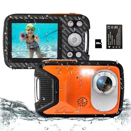 16FT Underwater Camera 30MP Waterproof Digital Camera with 32G Card and Rechargeable Battery, 18X Zoom Point and Shoot Camera for Boys Girls Children Teens Snorkeling Swimming Vacation(Orange) 1080P Orange