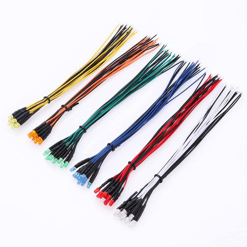 Yixisi Pack of 60 Pre-Wired LEDs, 12V 3mm Pre-Wired Diode Light, Diffuse Emitting Light Diode, Multi-Colour, Assorted Light, 20cm (Red, Yellow, Green, Blue, White, Orange, 10 Pieces each) Multicolor With Diffuser Colored Lens-60