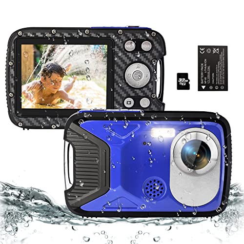 16FT Underwater Camera 30MP Waterproof Digital Camera with 32G Card and Rechargeable Battery, 18X Point and Shoot Camera for Boys Girls Children Teens Snorkeling Swimming Vacation(Blue) 1080P Blue
