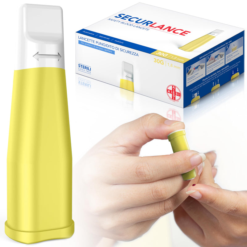 AIESI Sterile Disposable Lancets with Safety System and Retractable Stainless Steel Tip Needle 30G Securance (Pack of 100)