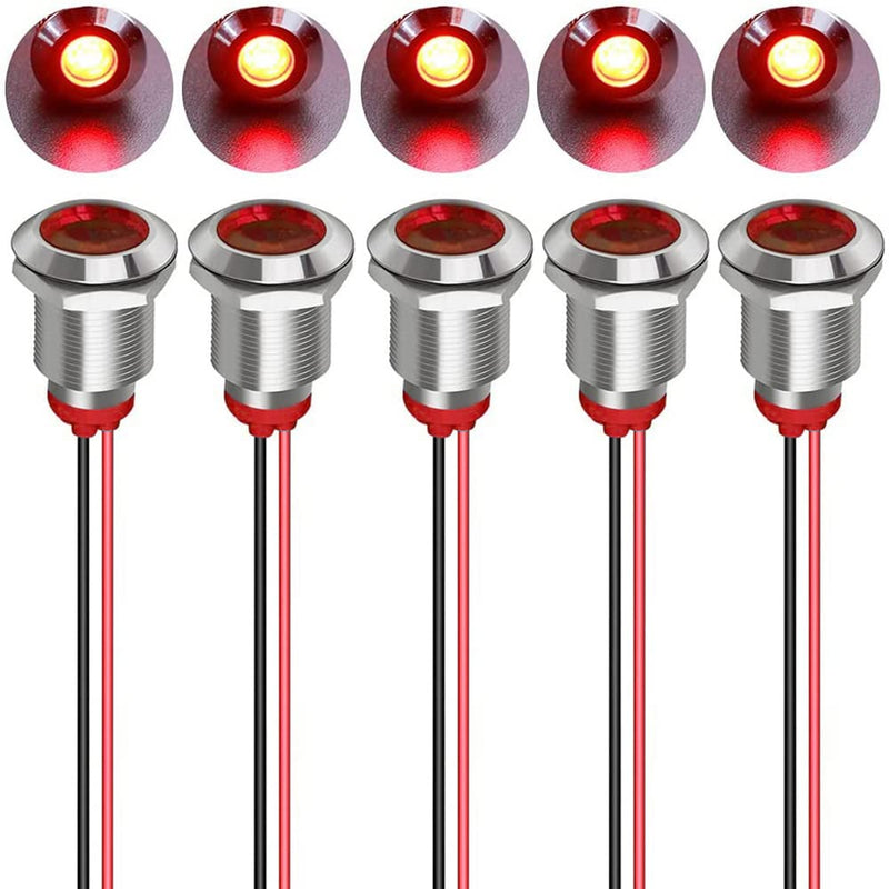 [Australia - AusPower] - 5pcs 12mm LED Metal Indicator Light AC/DC 12-24V Waterproof Signal Lamp Pilot Dash Directional with Wire(Red) Red AC/DC 12-24V 
