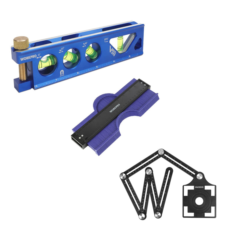 [Australia - AusPower] - WORKPRO Torpedo Level & 10" Contour Gauge and 6-Sided Angle Measuring Tool Combo Kit 