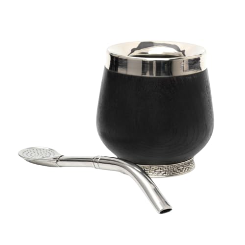 BALIBETOV 3 fl oz Yerba Mate Gourd – Mate Cup, Bombilla & Cleaning Brush – Carob Wood – Handmade – German Silver Details – Authentic Traditional Mate Experience