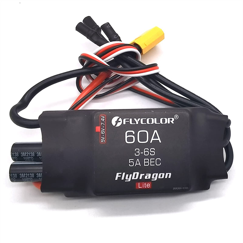 Flycolor 60A ESC 3-6S Electric Speed Controller 5v /6V/7.4V 5A BEC with XT60 & 3.5mm Bullet Plugs for RC Drone Airplane Brushless Motors 60A/BEC 5A