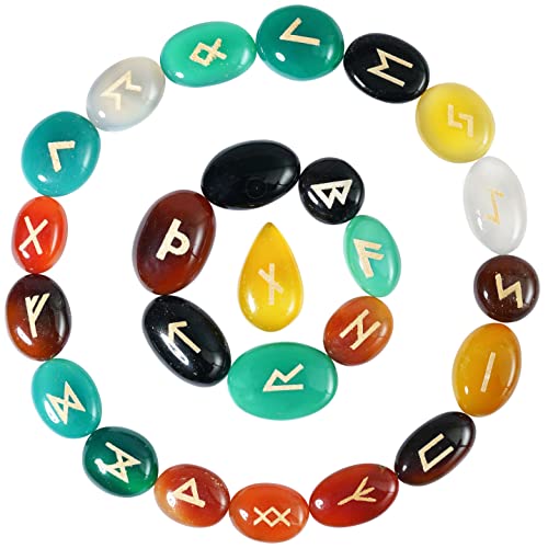 Crocon Assorted Onyx Crystal Rune Stone 25 pcs with Elder Futhark Alphabet Handmade- Mix Colors