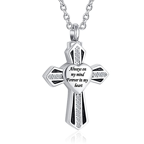 Religious Cross Cremation Jewelry for Ashes Urn Necklace Always On My Mind Forever In My Heart Memorial Keepsake Pendant