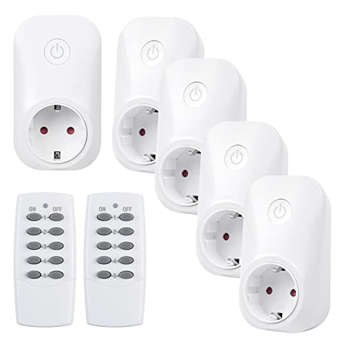 HBN Radio Socket Set of 5 Sockets with 2 Remote Controls, 3680 W Remote Controlled Plug for Indoor Christmas Decoration, Household Appliances, Range 30 m, White Pack of 5