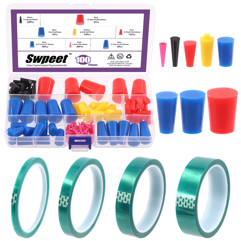 Swpeet 104Pcs 36 Yards 4 Sizes 1/4",1/2", 7/10", 1" Green Powder Coating Masking PET Tape with High Temp Silicone Rubber Protective Tapered Plug Assortment Kit for Painting, Powder Coating 104