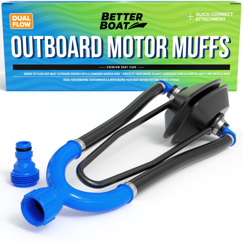 Outboard Motor Muffs Dual Flow Water Muffs for Boat Motor, Double Sided Engine Flush Kit with Hose Adapter, Fits Most Outboard and I/O Engines - Better Boat Dual Sided Muffs