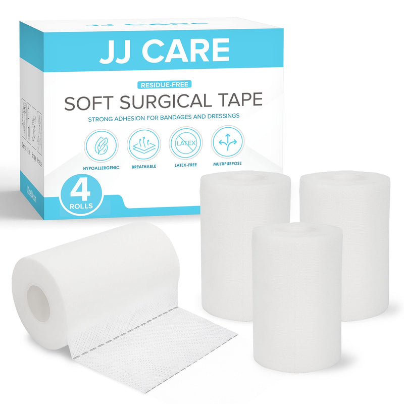 [Australia - AusPower] - JJ CARE Soft Surgical Tape [Pack of 4], 4” x 10 Yards Soft Cloth Medical Tape for First Aid and Wound Care, Latex-Free, Breathable and Hypoallergenic Cloth Surgical Adhesive 4 Inch x 10 Yards (Pack of 4) 
