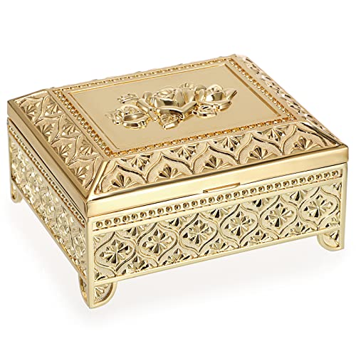 Hipiwe Gold Vintage Jewelry Box Rectangle Metal Trinket Organizer for Women Medium