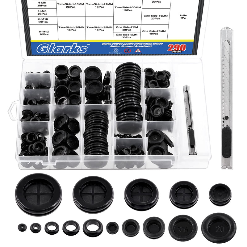 Glarks 291Pcs Rubber Grommets Set Including 110Pcs 5 Size One Sided Firewall Hole Plug & 60Pcs 5 Size Double Sided Rubber Grommets & 120Pcs 5 Size Hollow Rubber Gasket Assortment Kit & 1Pc Knife 290Pcs Single + Double Sided Rubber Grommet