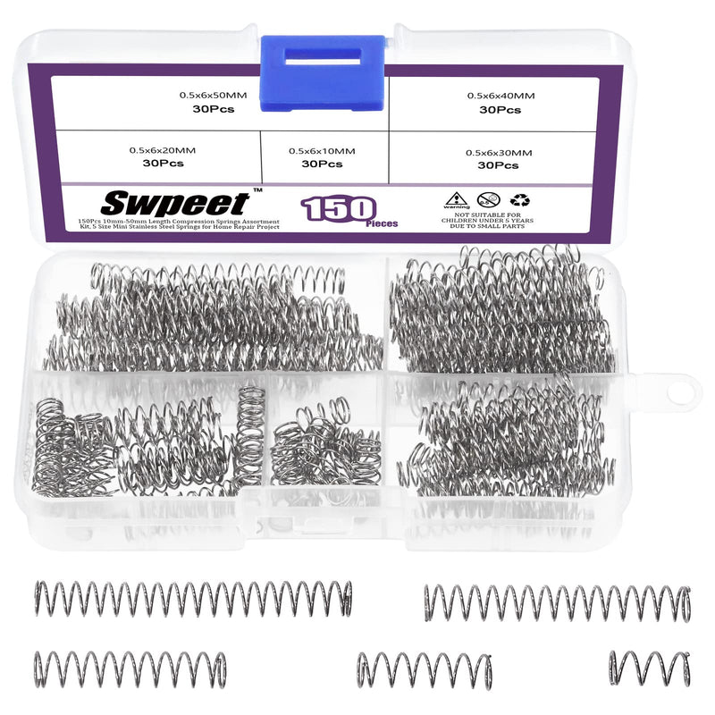 [Australia - AusPower] - Swpeet 150Pcs 5 Sizes Compression Springs Assortment Kit, Mini Stainless Steel Extension Springs for Shop and Home Repairs, 0.39" to 1.97" Length, 0.24" OD, 10mm - 50mm Length, 6mm OD 150 