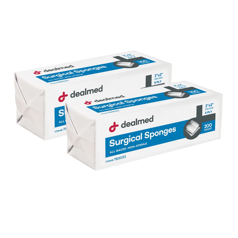 [Australia - AusPower] - Dealmed 2" x 2" Surgical Sponges, 8-Ply, Non-Woven Absorbent Gauze Sponges for Wound Care, First Aid Kits and Medical Facilities, 200 Count (Pack of 2) 2” x 2” 2 Pack 