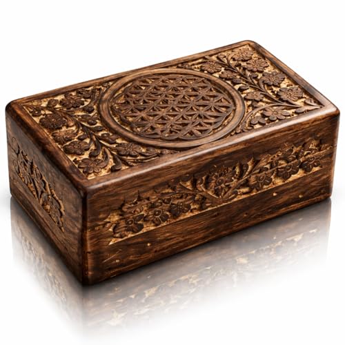 Handmade wooden jewelry and keepsake box by The Great Indian Bazaar, decorative brown storage box, 8 x 5 inches.